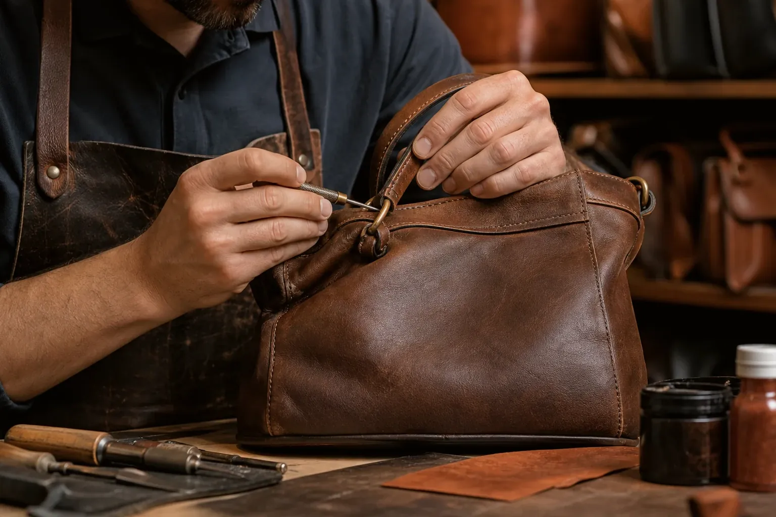 Sapateiro reformando uma bolsa de couro na cidade de Lauro de Freitas.