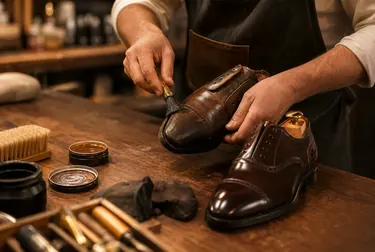 Sapatos sociais sendo reformados por sapateiro em Lauro de Freitas.