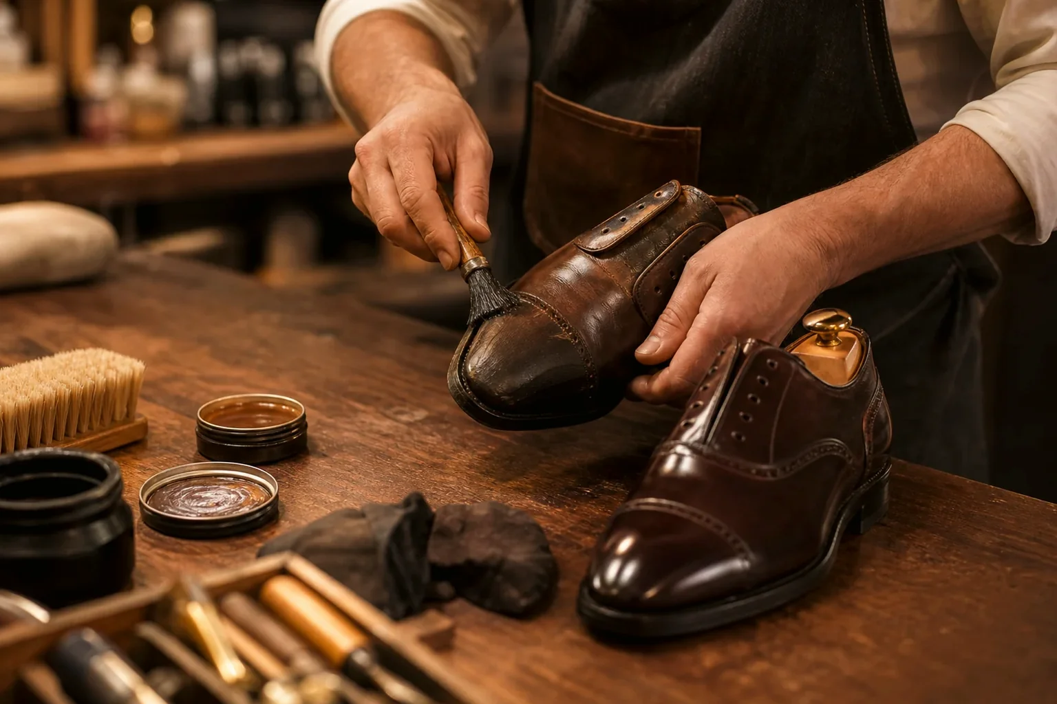 Sapatos sociais sendo reformados por sapateiro em Lauro de Freitas.